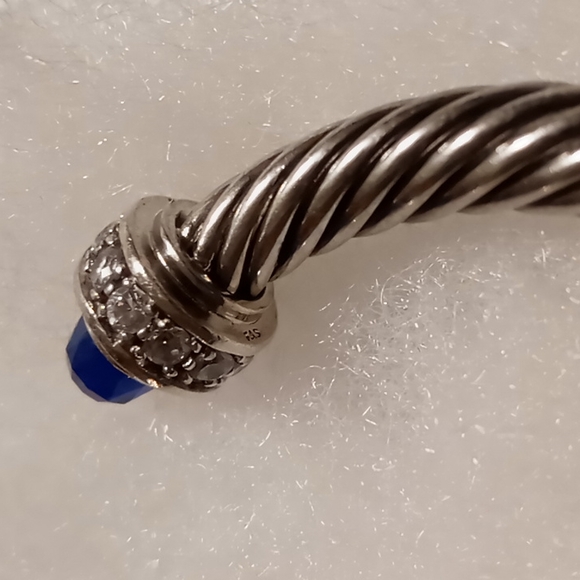 Twisted cable cuff sterling bracelet with blue sapphire gems & pave cz - Picture 5 of 12
